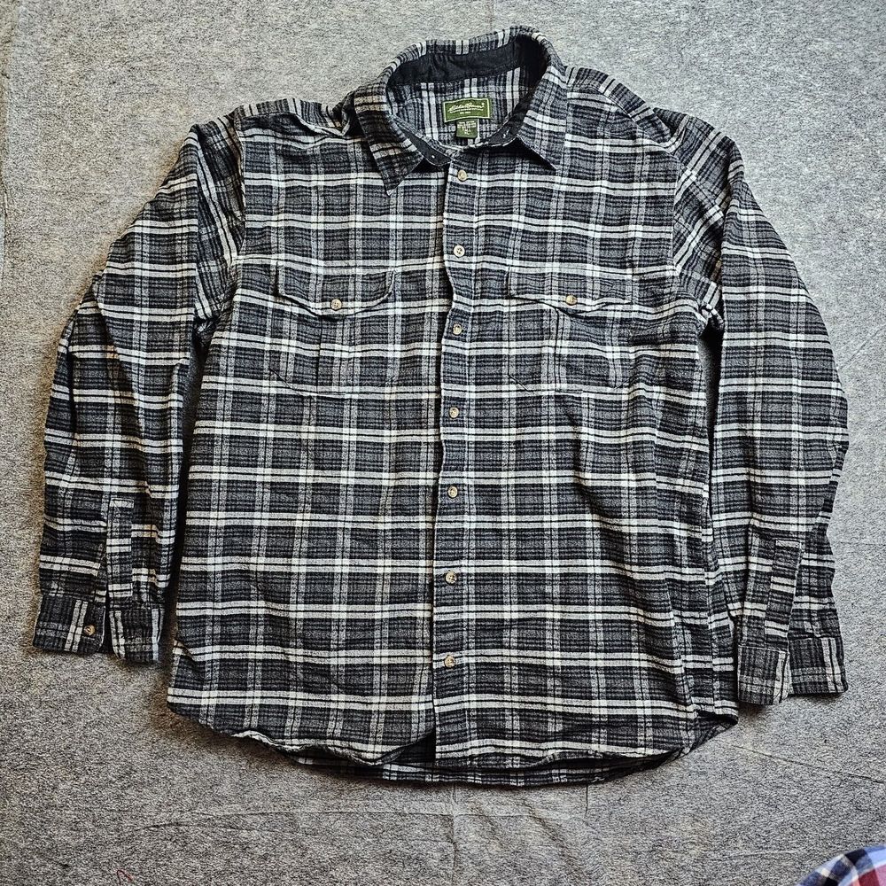 Eddie Bauer Button Up Shirt Mens XLT Tall Gray Black Flannel Plaid Heavy